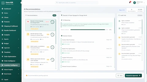 AI Recommendations review interface displaying 8 recommendations with €3,938 estimated savings, detailed AI reasoning with 91% confidence score, decision factors breakdown including stockout risk prevention, market price optimization, supplier performance, and demand forecast confidence with complete audit trail